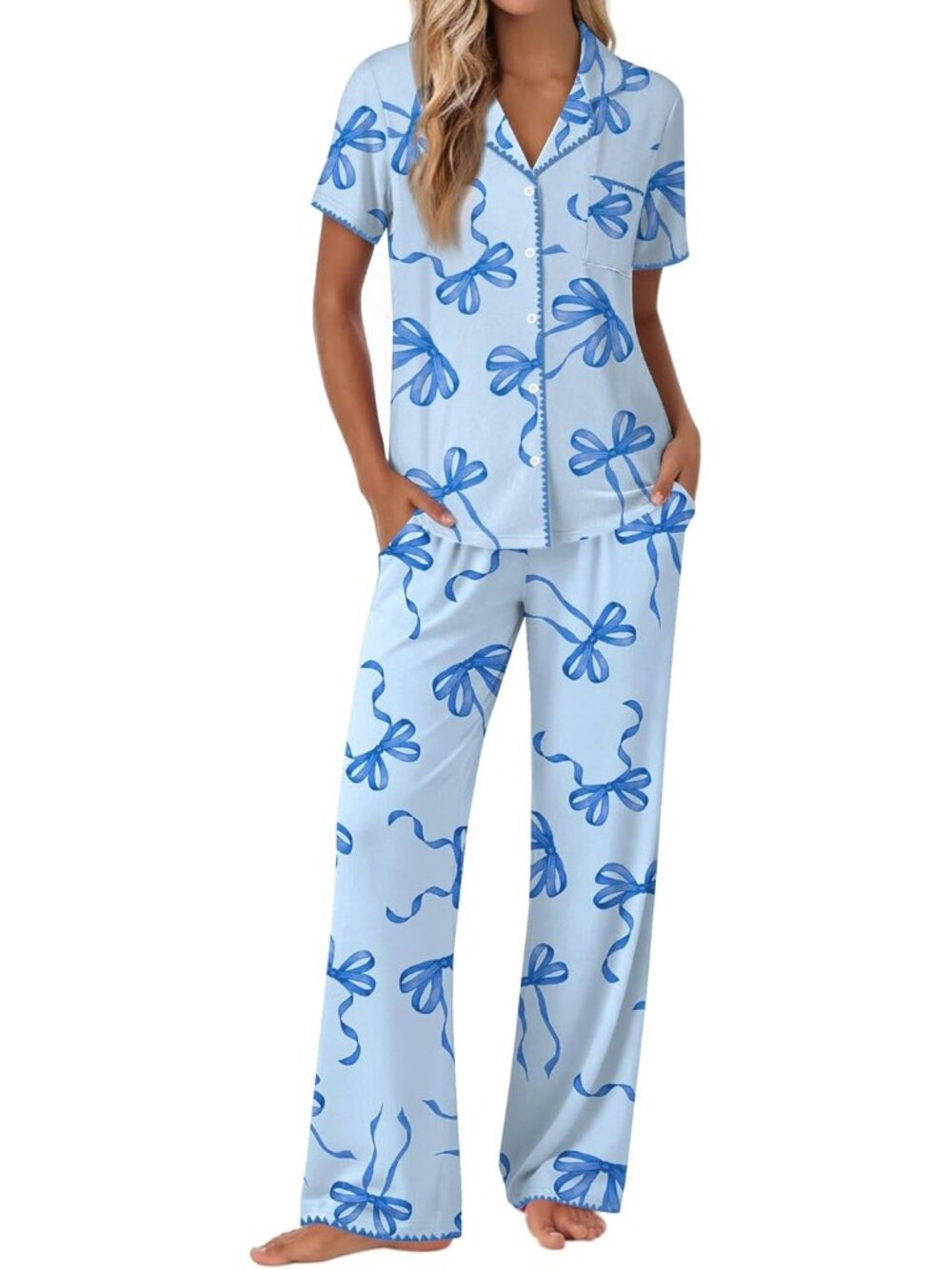 Women Blue Bow Tie Short Sleeve Sleepwear Button Up Shirt Pajamas Set 2 Piece